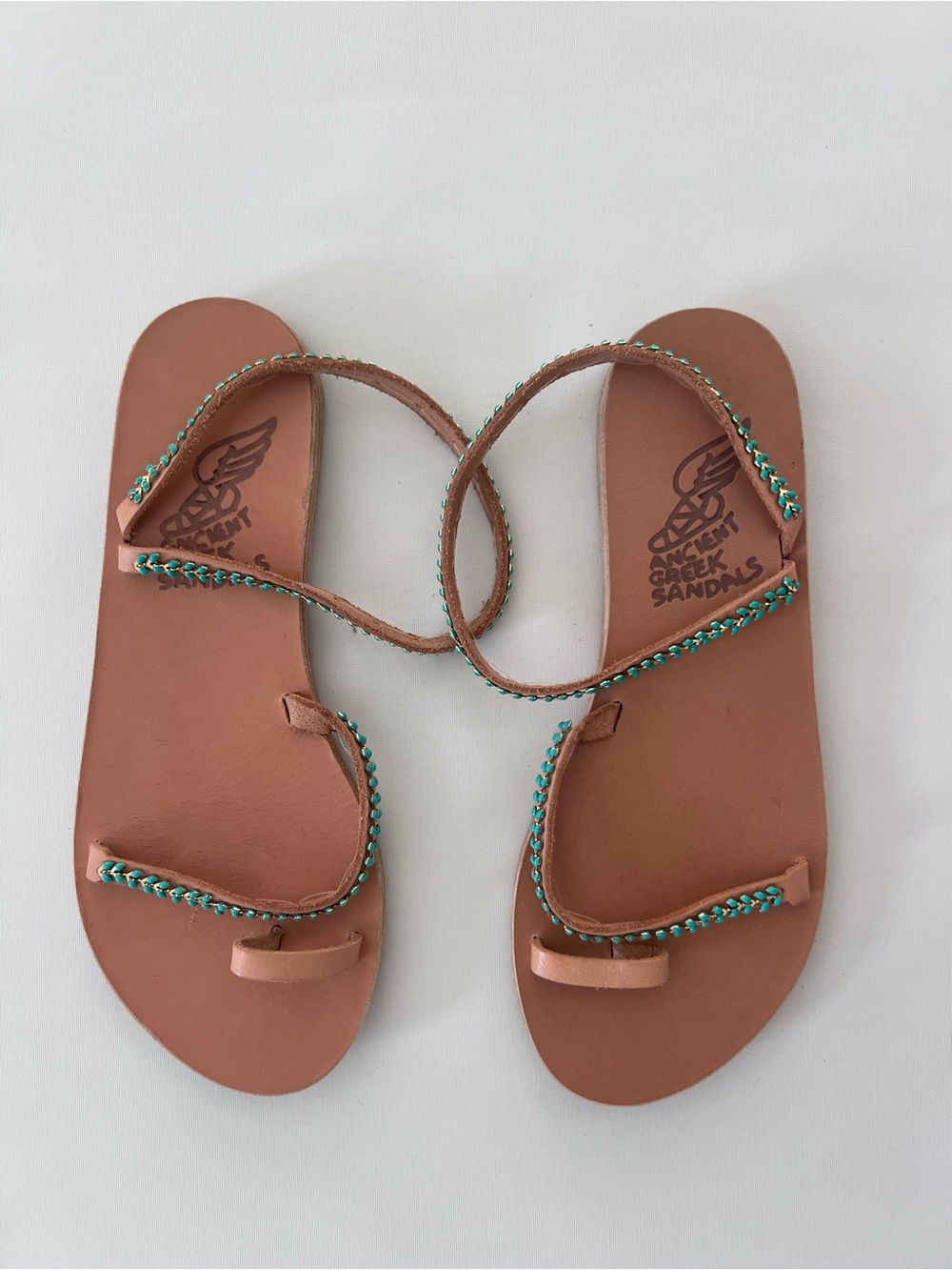 Ancient Greek Sandals Apli Eleftheria Flat Leather Sandals – Natural/Aqua – EU36